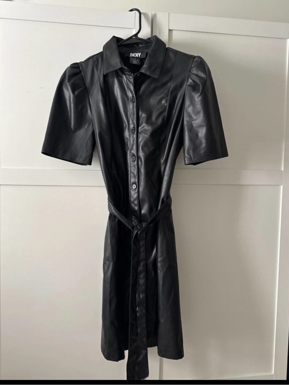 DKNY Black Faux-Leather Midi Shirt Dress with Tie Belt